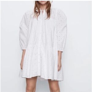 ZARA Embroidered Eyelet Floral Cotton Mini button down Dress boho babydoll sz M